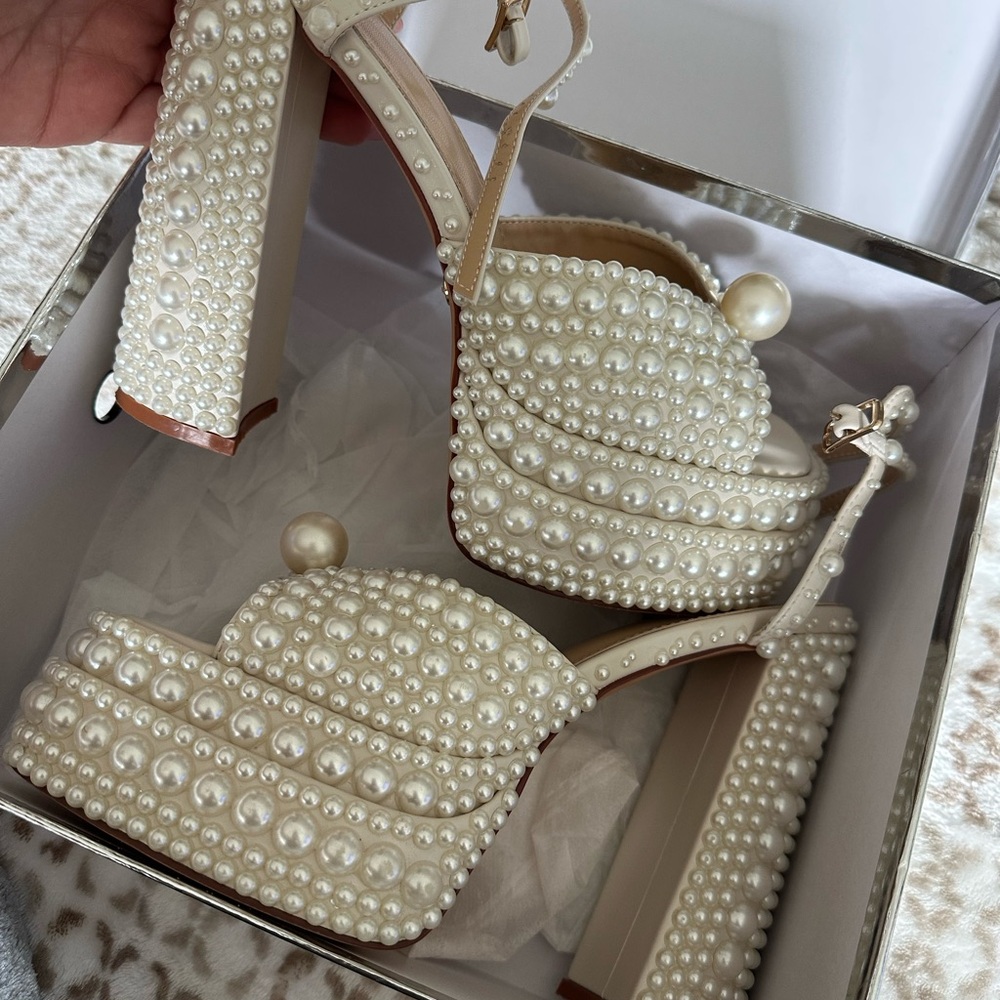Elegant Pearl-Embellished Platform Heels